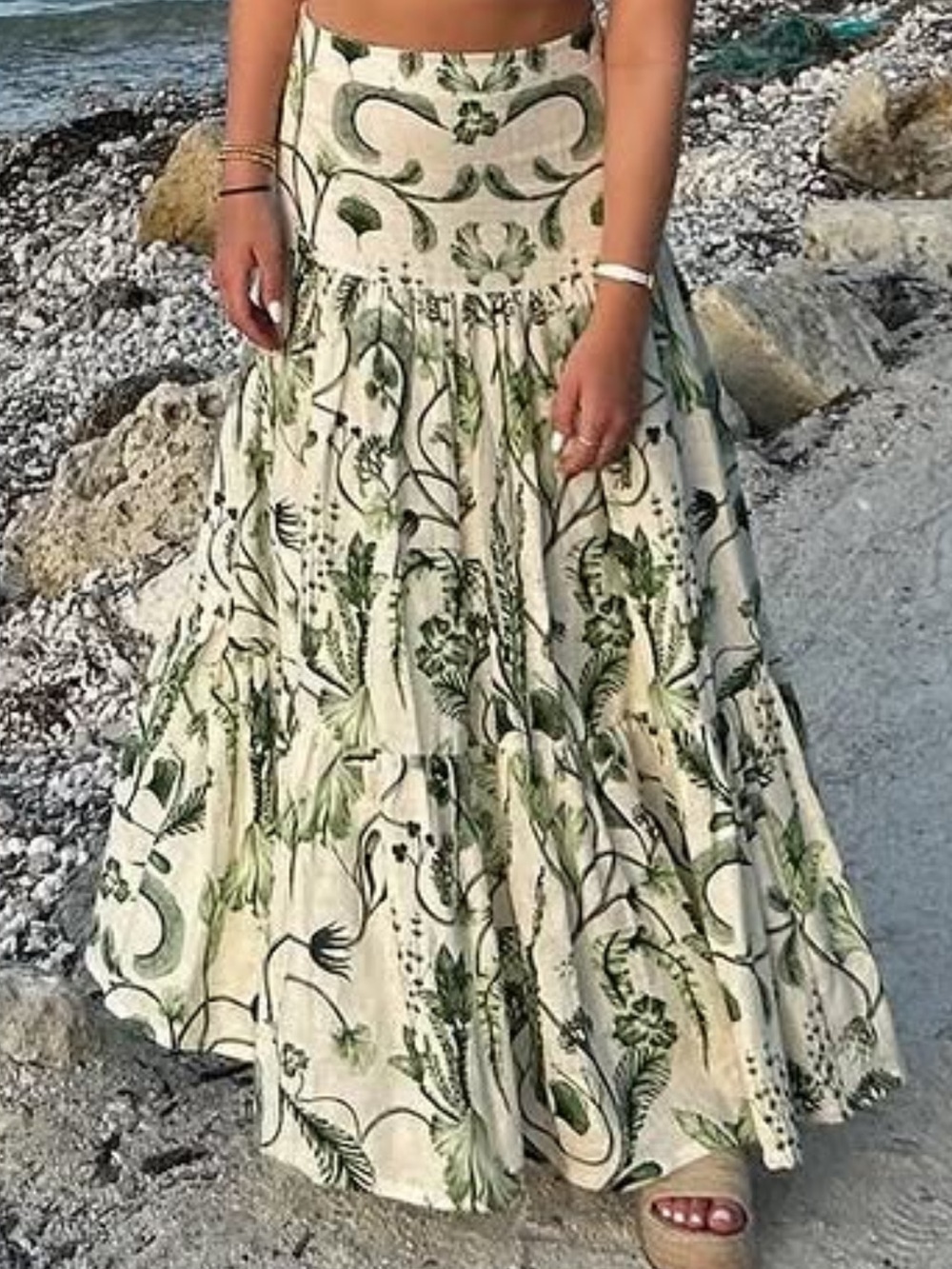 Agua bendita Cream & Green Botanical Tiered Maxi Skirt size small 4-6